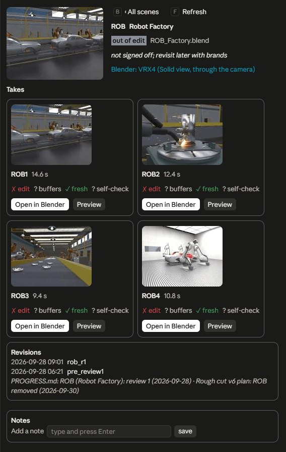 Claude Code 옆 칸의 'ROB Robot Factory' 패널. 테이크 네 개의 썸네일과 길이, Open in Blender·Preview 버튼, 9월 28일 수정 이력, 메모 칸