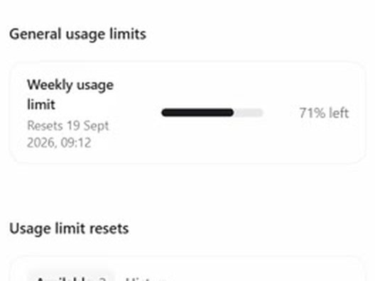 ChatGPT 설정의 주간 사용량 막대. 71% left