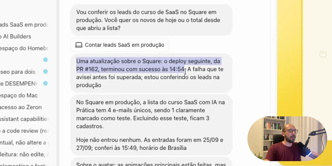 Dot의 포르투갈어 후속 보고. 'Uma atualização sobre o Square: o deploy seguinte, da PR #162, terminou com sucesso às 14:54.'와 대기자 4명 중 1명은 테스트라는 보고