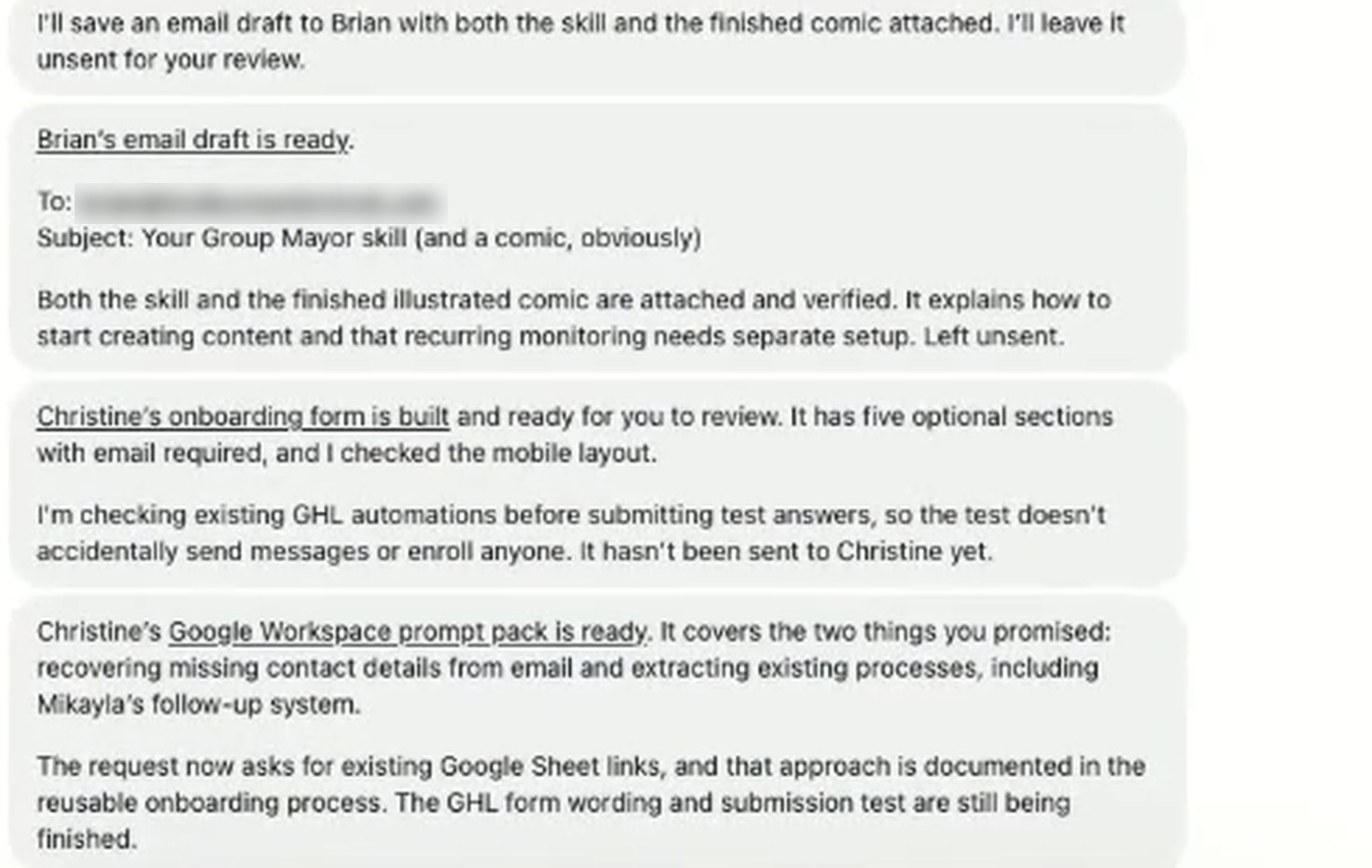 Dot의 보고. 'Brian's email draft is ready.'와 'Left unsent.', 온보딩 양식 시험 전에 기존 자동화를 확인한다는 문장