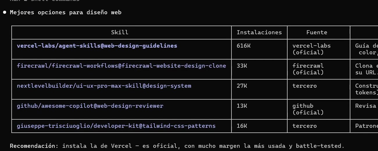 Claude Code 터미널의 표 'Mejores opciones para diseño web'. vercel-labs web-design-guidelines 616K부터 tailwind-css-patterns 16K까지 다섯 후보와 출처, 아래 'Recomendación: instala la de Vercel'