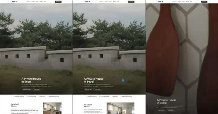 완성된 숙소 홈페이지 'A Private House in Seoul'. 담장과 소나무 사진 위에 숙소 이름이 있고, 아래로 'Not a hotel. A home.' 소개가 이어진다