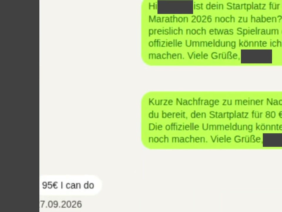 Muse가 보낸 독일어 메시지 'Wärst du bereit, den Startplatz für 80 € abzugeben?'와 판매자 답 '95€ I can do'