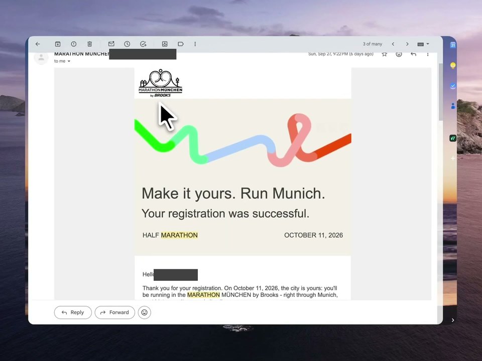 Email from the Munich Marathon organizers: 'Make it yours. Run Munich. Your registration was successful.'