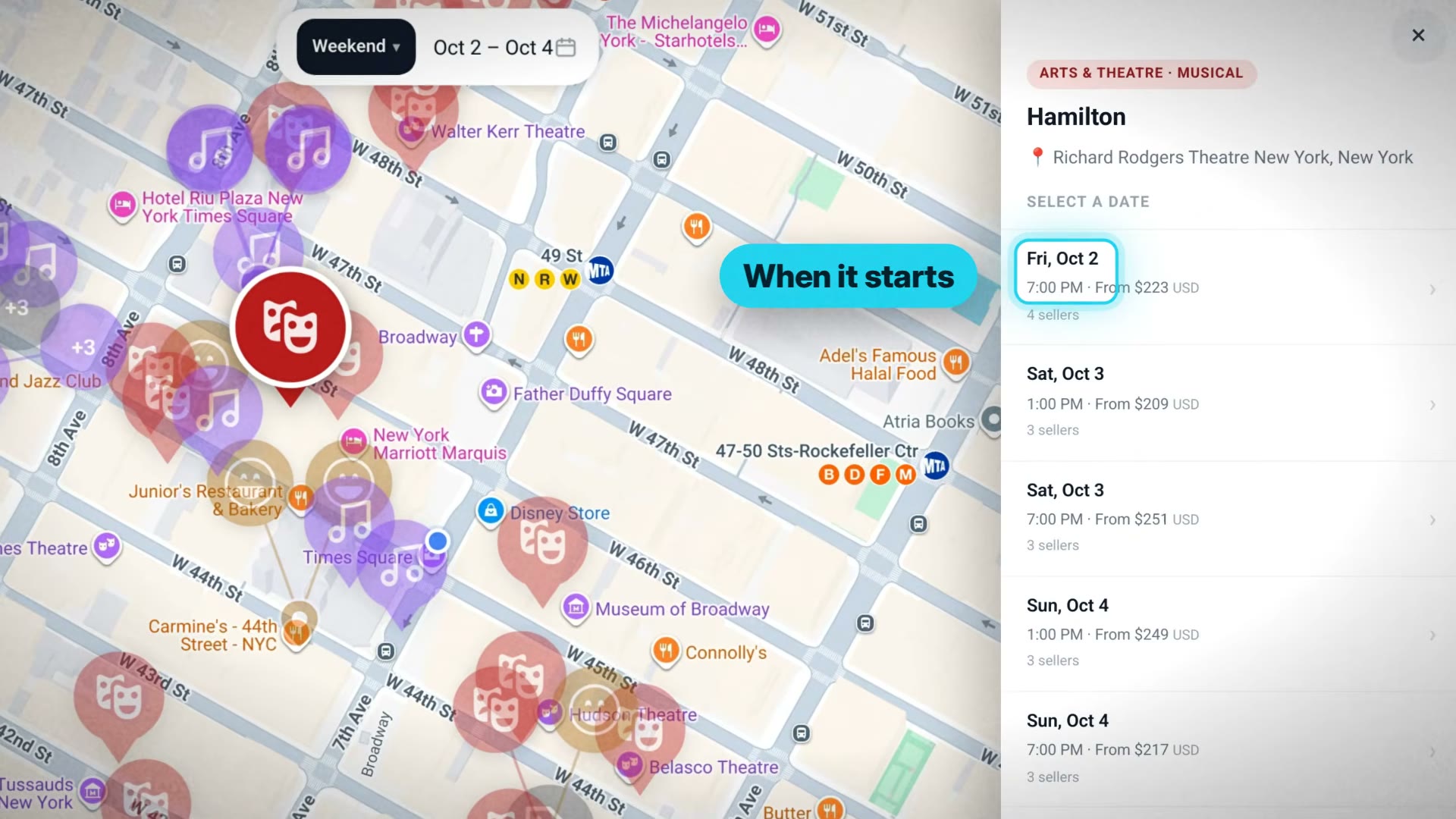 A frame from the TicketMappr trailer: show pins on a map and a schedule panel