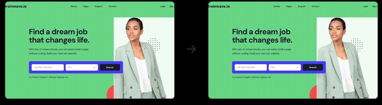 Brainwave.io 채용 사이트 첫 화면 두 장. 왼쪽이 피그마 원본, 오른쪽이 PIX로 구현한 화면이다. 초록 배경, 'Find a dream job that changes life.' 헤드라인, 보라색 검색창, 오른쪽 인물 사진이 같다