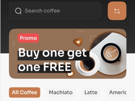 PIX로 나온 화면의 윗부분. 원본과 같은 필터 아이콘, 배너 문구 뒤 검은 띠, All Coffee·Machiato·Latte 칩 줄
