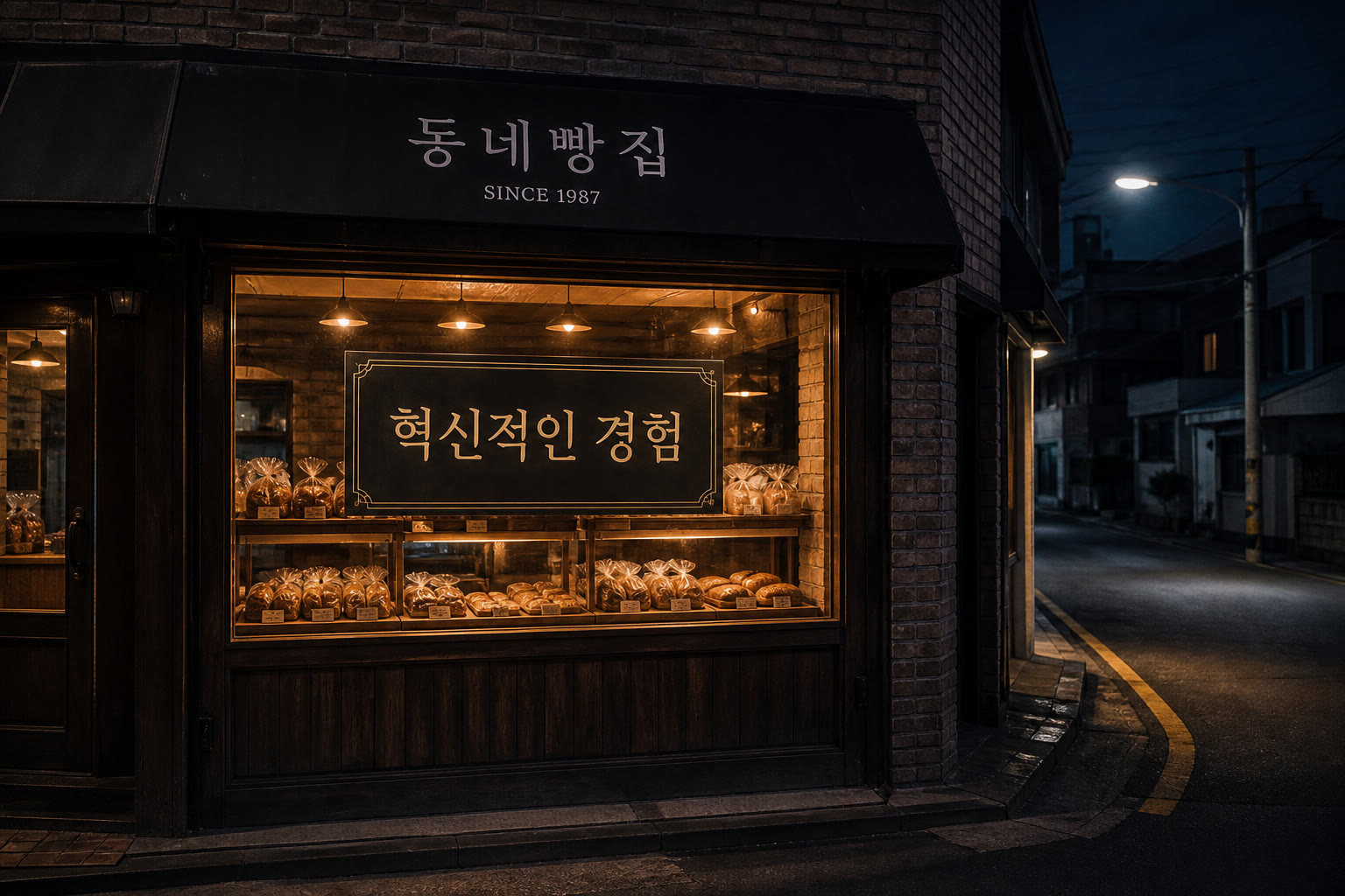 A night bakery window with “an innovative experience” stuck on the glass, and no customers