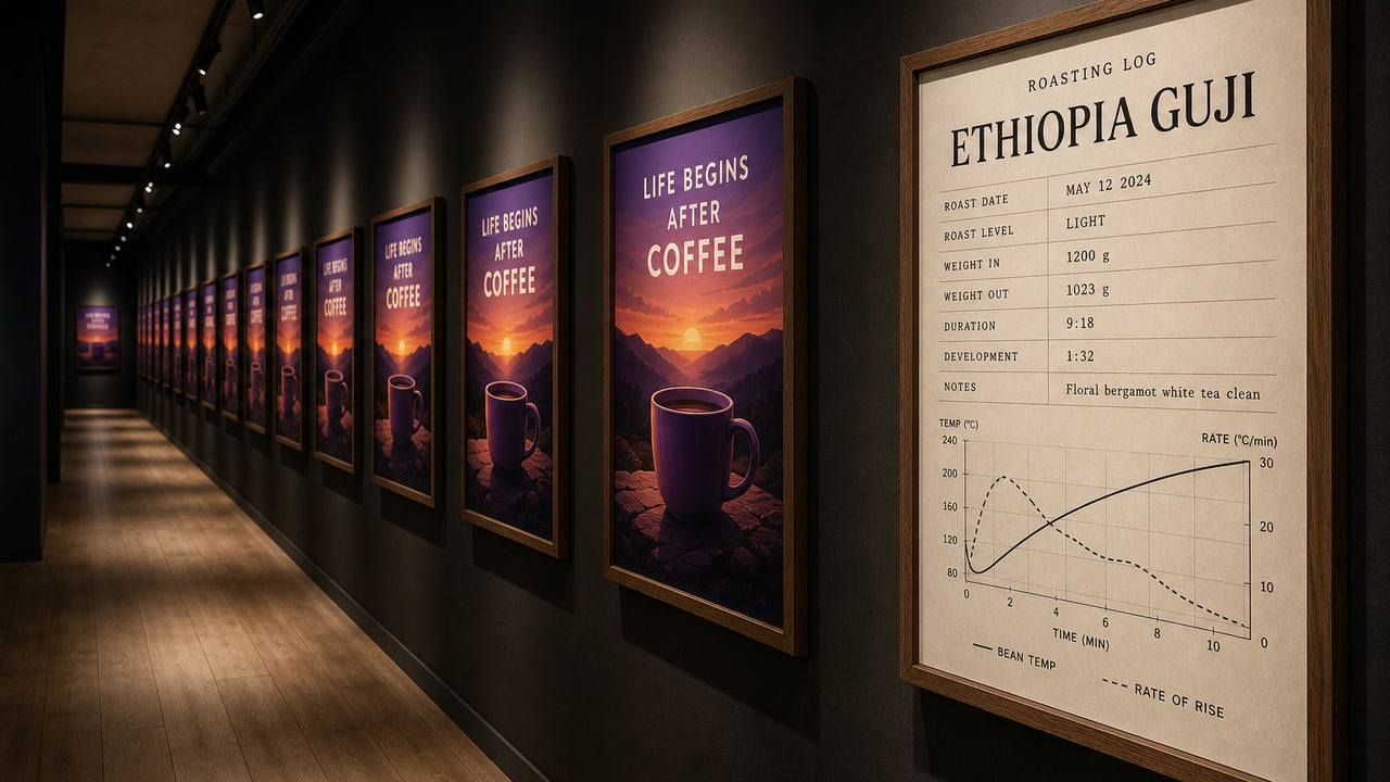 A hallway lined with identical purple posters, and only one frame showing a roaster cupping log