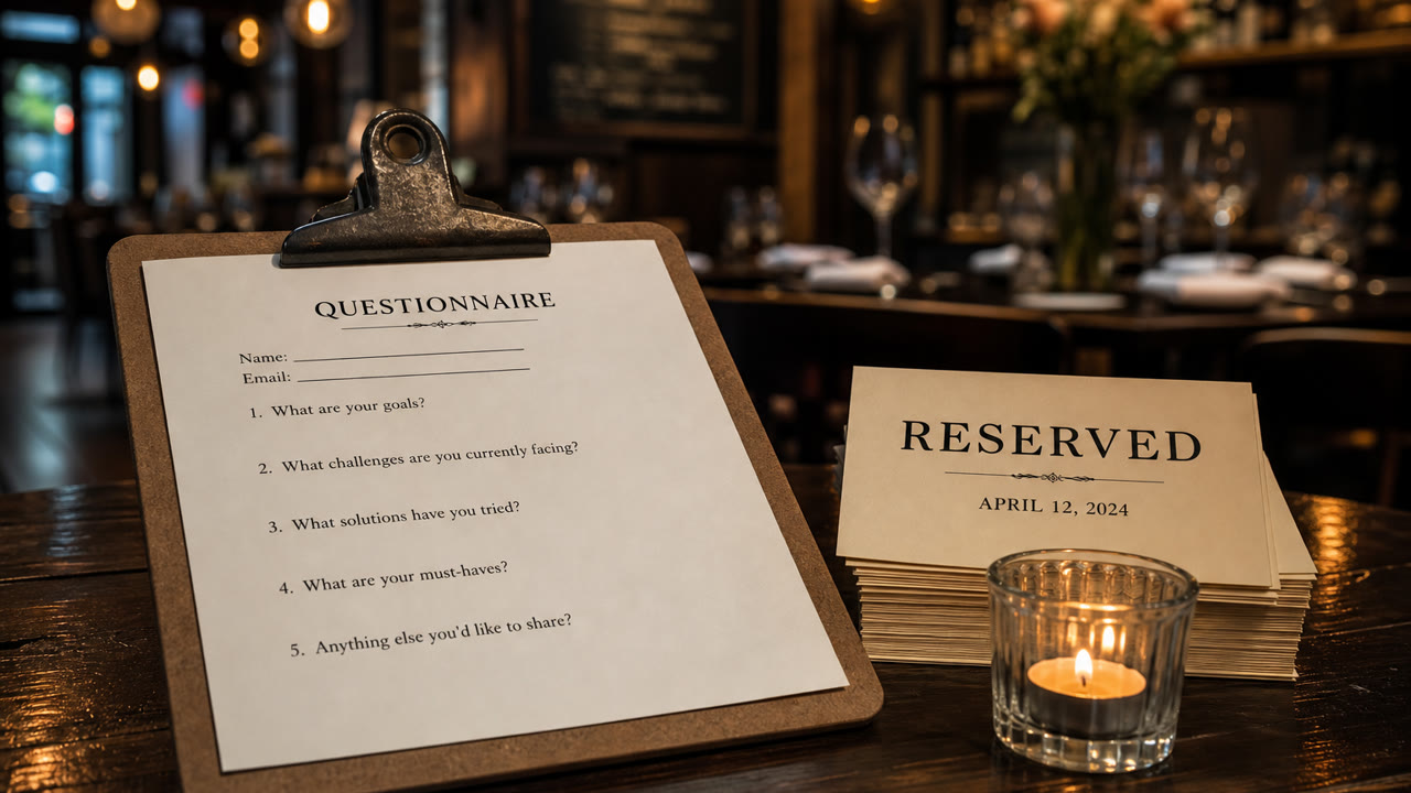A photo of an unfilled questionnaire placed in front of a finished café.