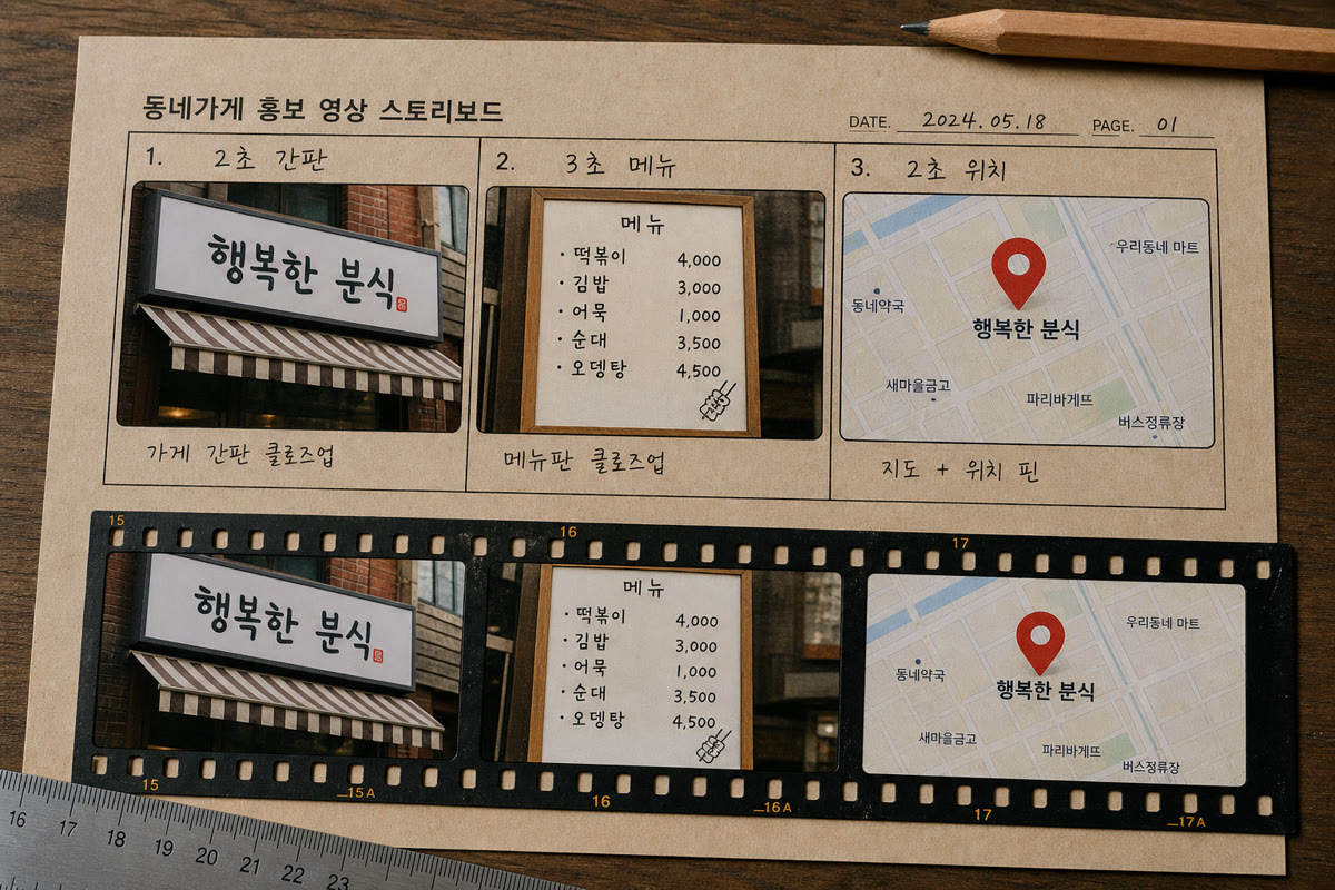 2초 간판, 3초 메뉴, 2초 위치가 적힌 스토리보드와, 같은 장면의 영상 스트립.
