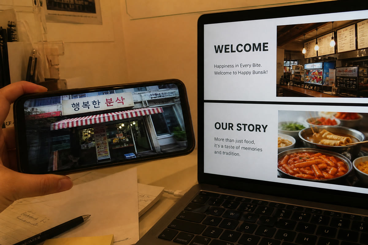 흔들린 분식집 화면 녹화가 켜진 폰 옆에, 제네릭 슬라이드가 떠 있는 노트북.