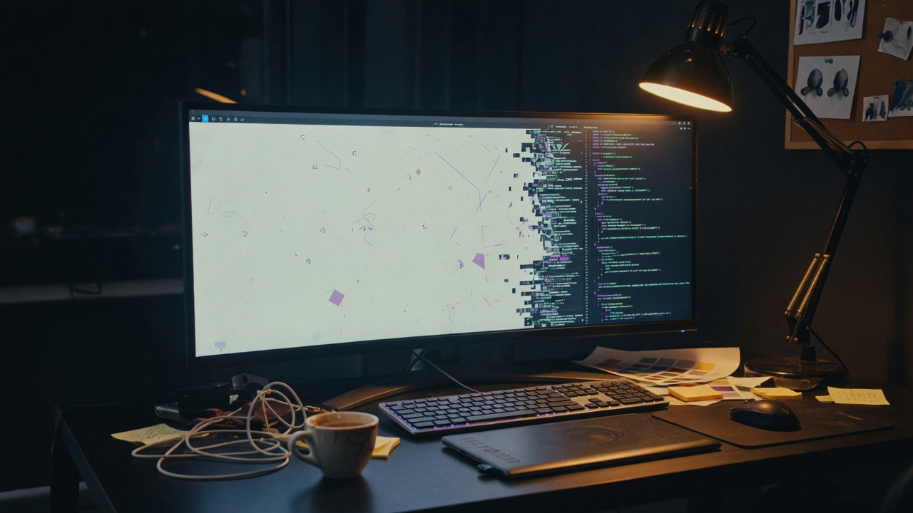 A photo of a dark desk, an ultrawide monitor with a Figma mock melting into code.