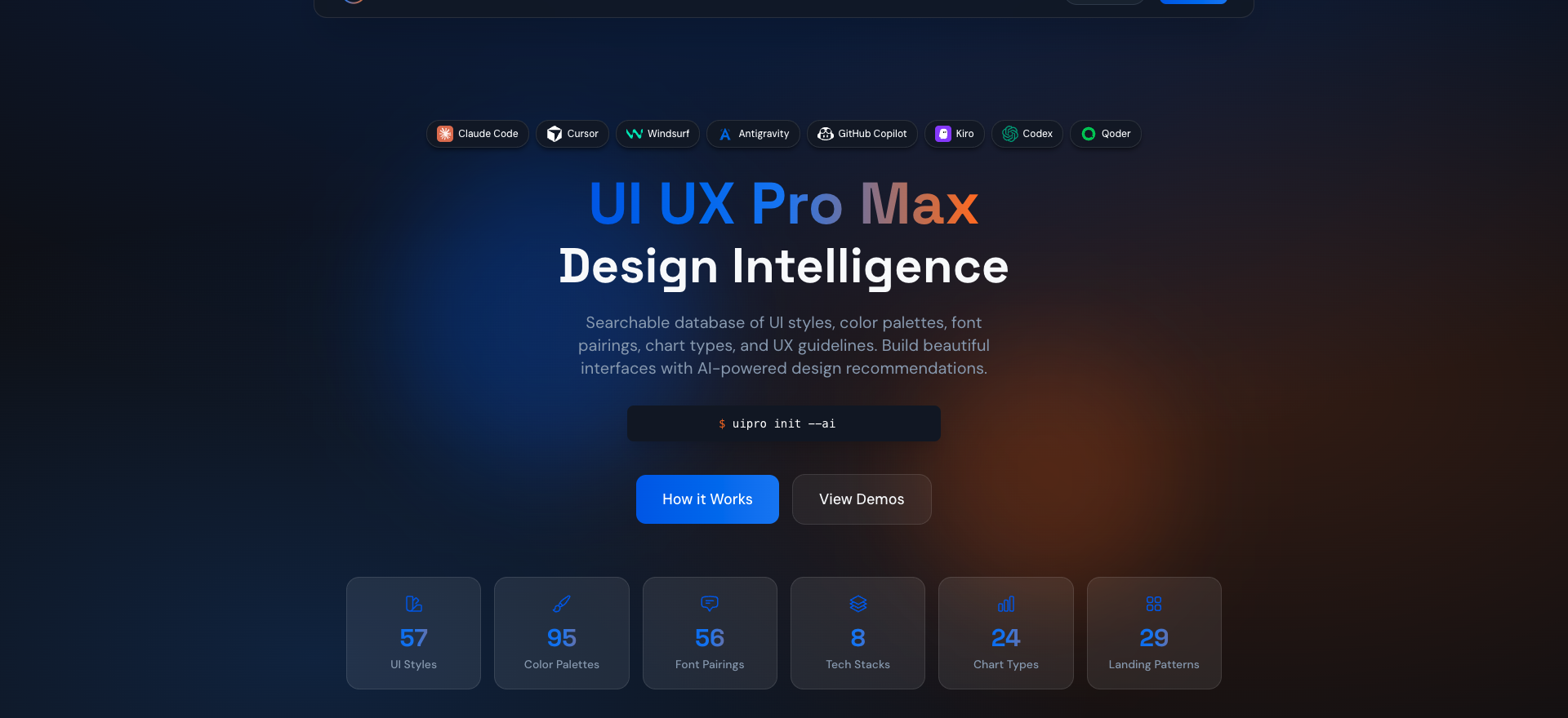 UI UX Pro Max 공식 사이트 히어로 — Design Intelligence, 스타일 57종·팔레트 95종 등 지표 카드