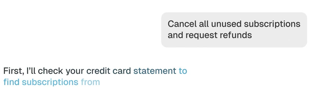 채팅 창에 입력된 요청 'Cancel all unused subscriptions and request refunds'와 카드 명세서부터 보겠다는 Aside의 답