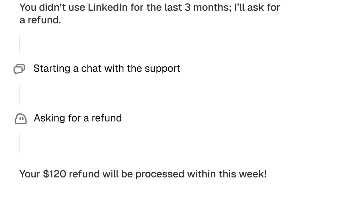 'You didn't use LinkedIn for the last 3 months', 고객센터 채팅, 'Your $120 refund will be processed within this week!'