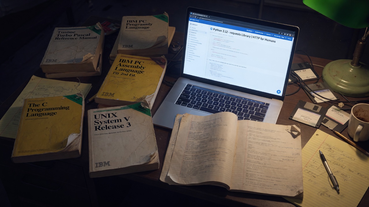 IBM Pascal·UNIX 매뉴얼이 쌓인 책상, 노트북에는 Python 3.12 requests 문서가 켜져 있다.